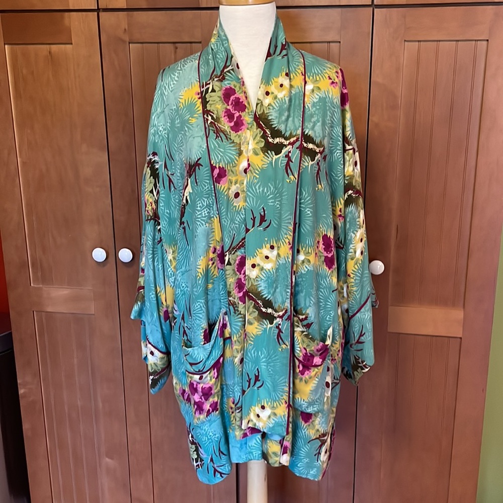 Anthropologie Floreat  green/magenta/taupe/yellow/white print kimono   XS/S - Picture 3 of 9